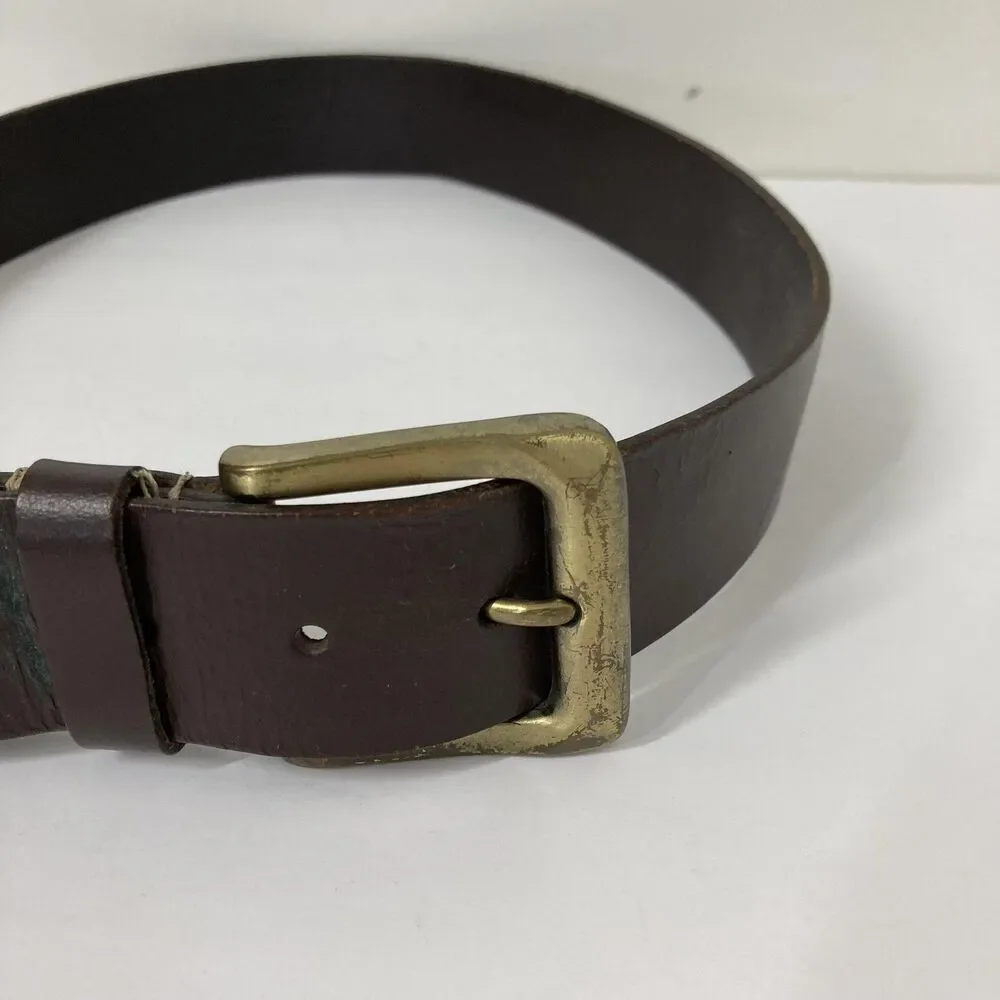 Timberland Leather Belt Mens 32 Brown Antique Brass Buckle Tree Logo Casual - Picture 2 of 14
